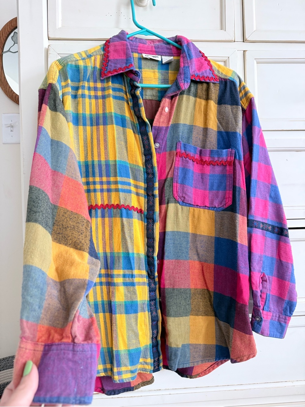 Vintage Gitano Multicolor Plaid Cotton Shirt with Pink Trim